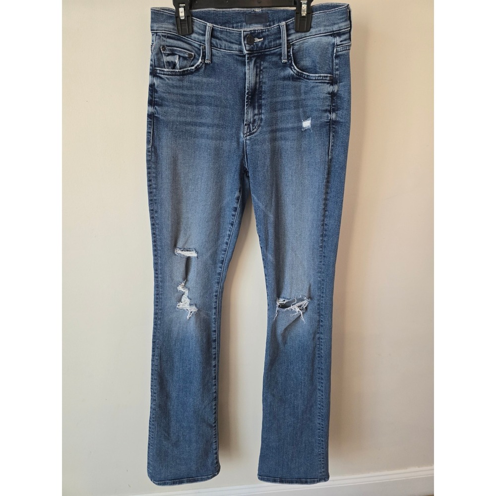 Mother Distressed Straight Leg Jeans Blue Ripped Knee High Rise Size 27